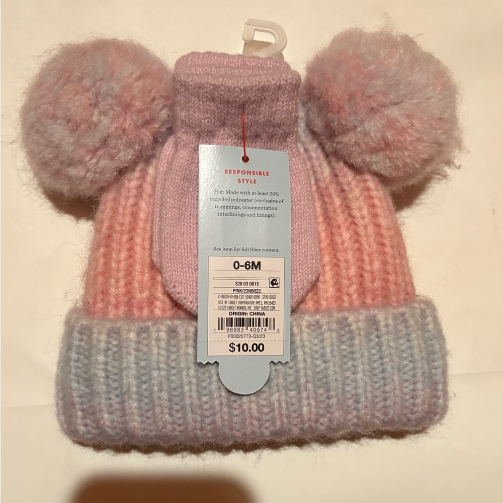 Pink and Blue Baby Beanie with Pom Poms